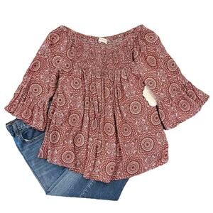 NWT Altar'd State Mauve/Coral & Ivory Floral Bell Sleeve Boho Festival Top - S